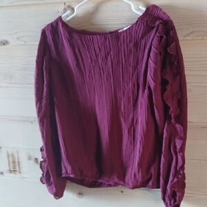 Pleated Ruffle Long-Sleeve Top in Burgundy